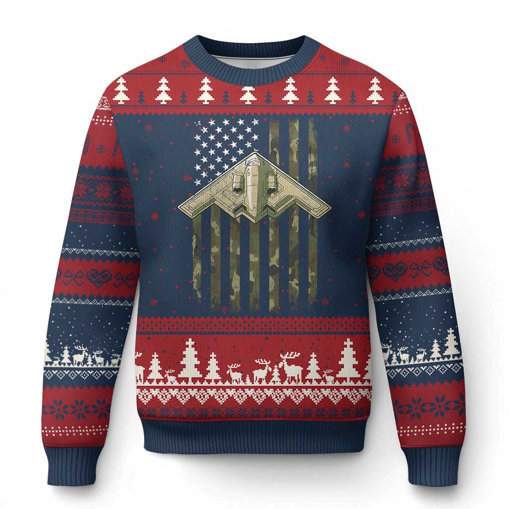 Retro Camo B2 Spirit Ugly Christmas Sweater B-2 Bomber Stealth Aircraft Camouflage US Flag Patriotic TS10 Navy Red Print Your Wear