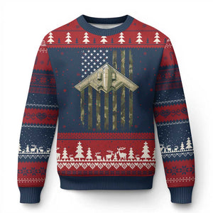 Retro Camo B2 Spirit Ugly Christmas Sweater B-2 Bomber Stealth Aircraft Camouflage US Flag Patriotic TS10 Navy Red Print Your Wear
