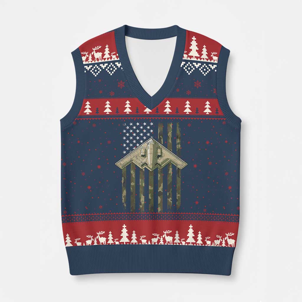 Retro Camo B2 Spirit V-Neck Knit Sweater Vest B-2 Bomber Stealth Aircraft Camouflage US Flag Patriotic TS10 Navy Red Print Your Wear