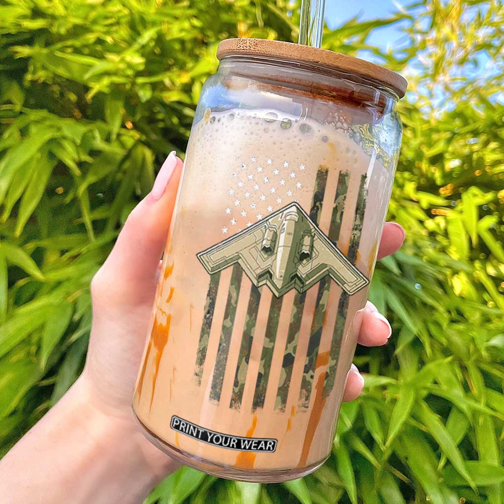 Retro Camo B2 Spirit Glass Can B-2 Bomber Stealth Aircraft Camouflage US Flag Patriotic TS10 Black Print Your Wear