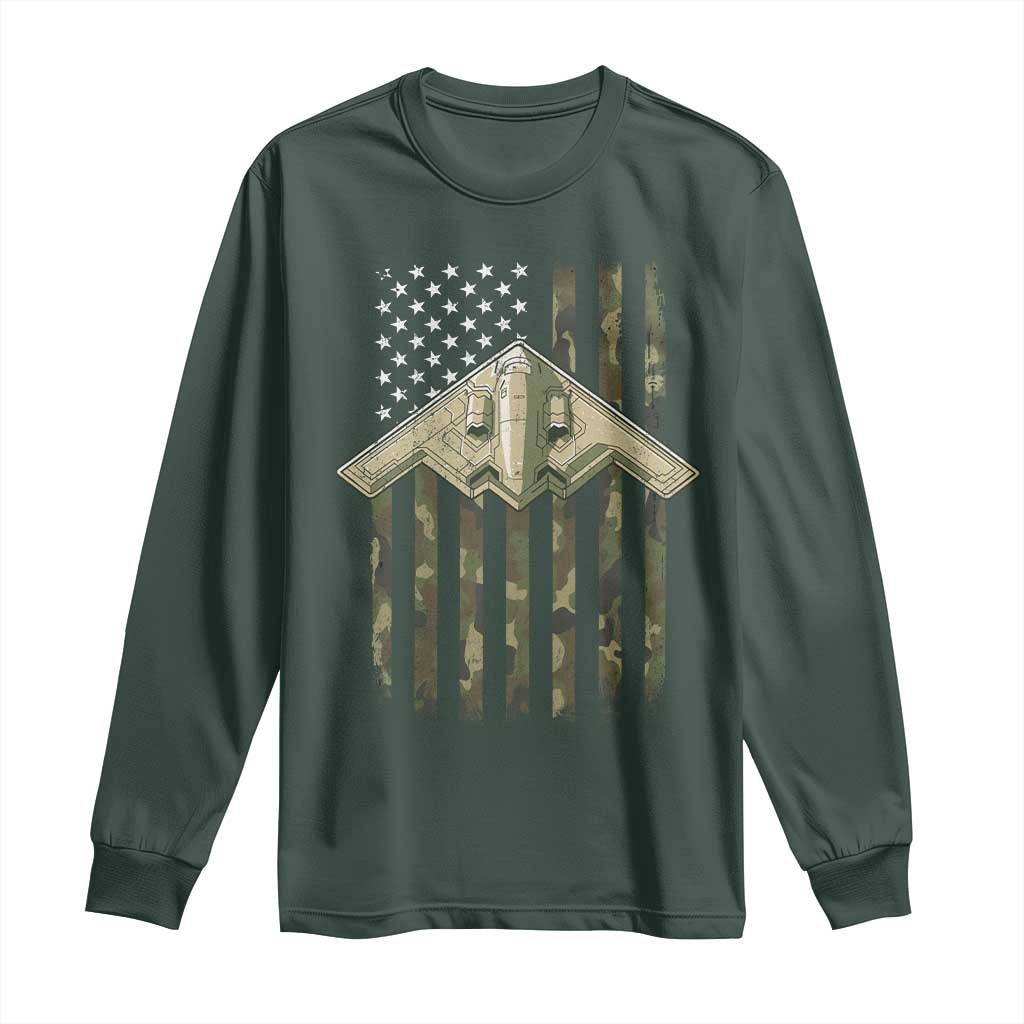 Retro Camo B2 Spirit Long Sleeve Shirt B-2 Bomber Stealth Aircraft Camouflage US Flag Patriotic TS10 Dark Forest Green Print Your Wear