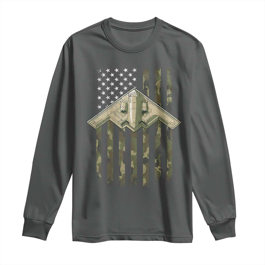 Retro Camo B2 Spirit Long Sleeve Shirt B-2 Bomber Stealth Aircraft Camouflage US Flag Patriotic TS10 Dark Heather Print Your Wear