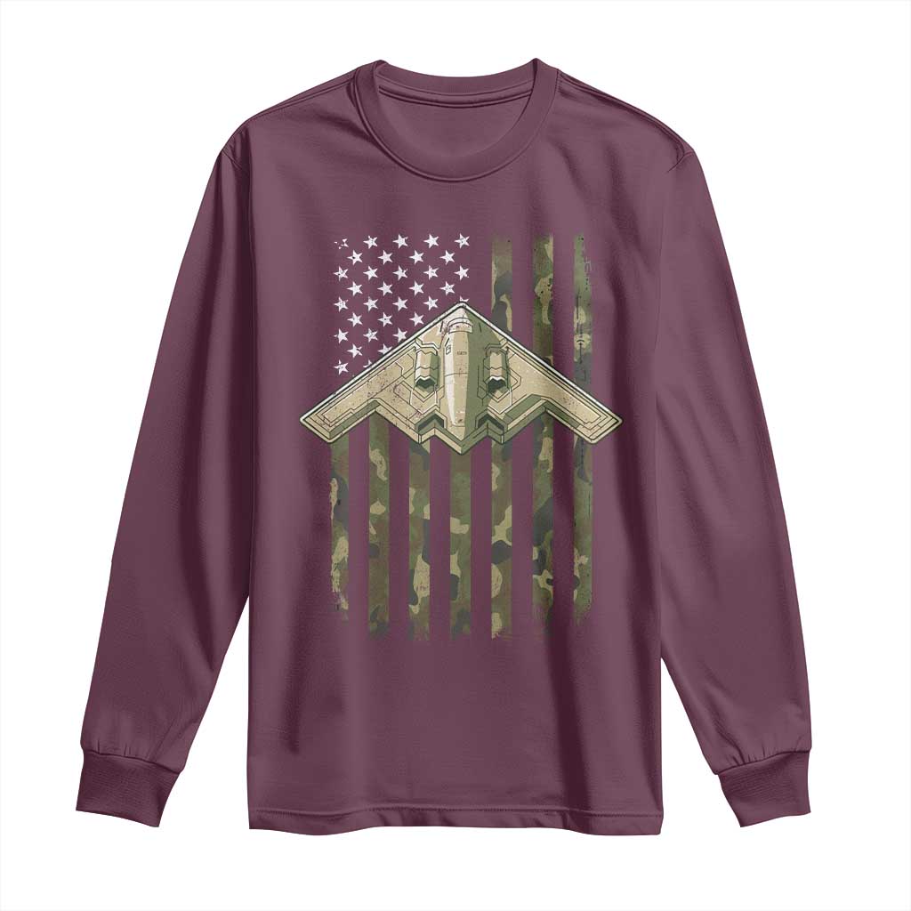 Retro Camo B2 Spirit Long Sleeve Shirt B-2 Bomber Stealth Aircraft Camouflage US Flag Patriotic TS10 Maroon Print Your Wear