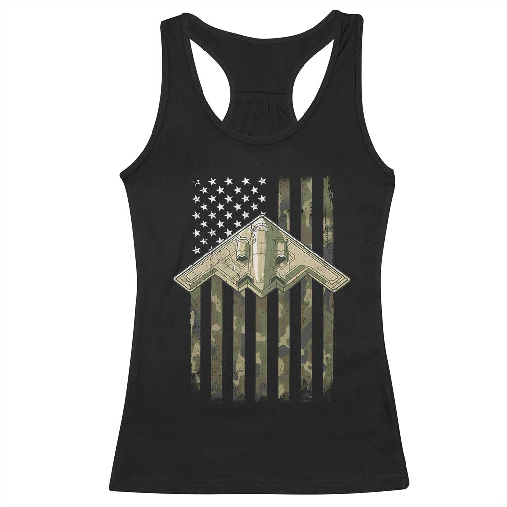 Retro Camo B2 Spirit Racerback Tank Top B-2 Bomber Stealth Aircraft Camouflage US Flag Patriotic TS10 Black Print Your Wear
