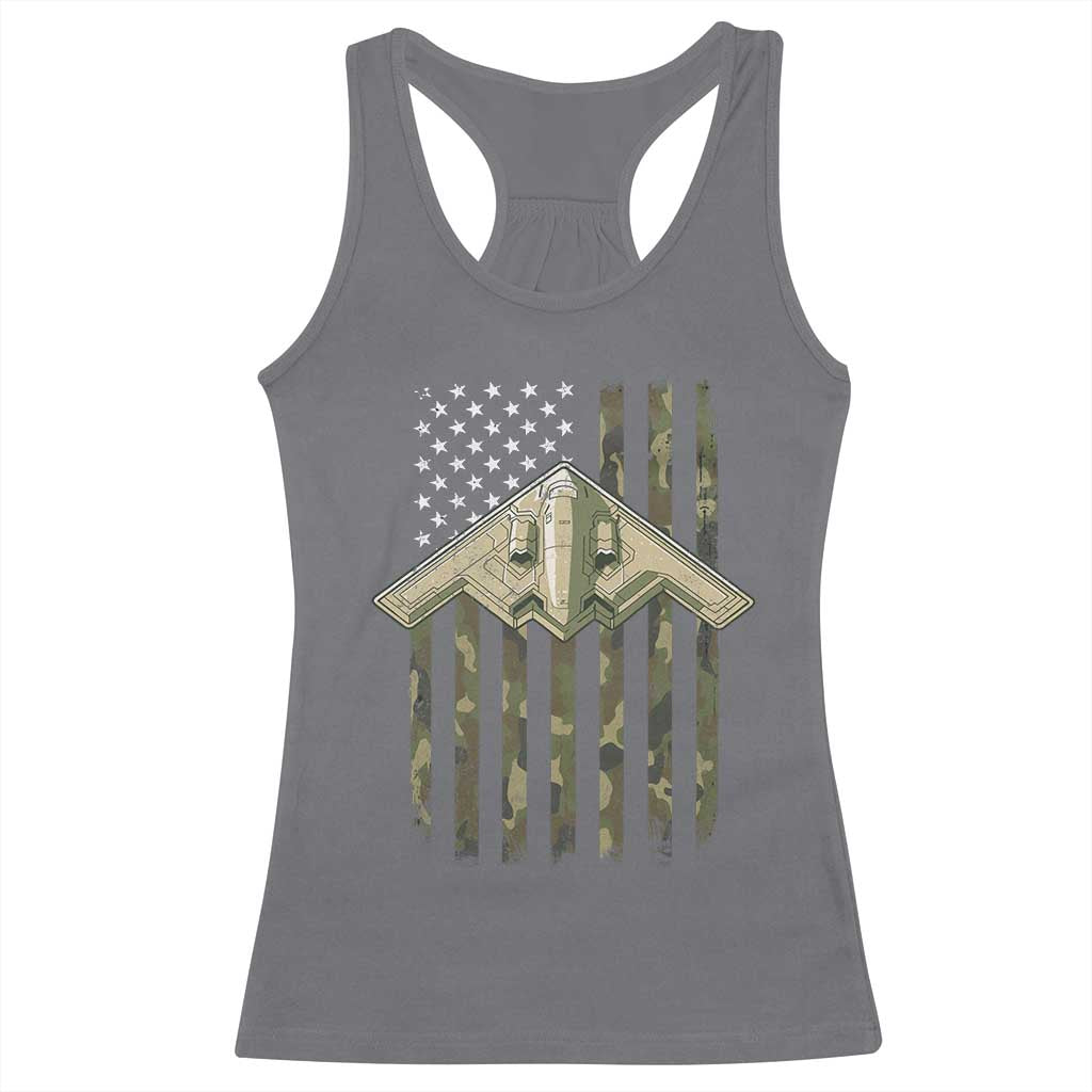 Retro Camo B2 Spirit Racerback Tank Top B-2 Bomber Stealth Aircraft Camouflage US Flag Patriotic TS10 Charcoal Print Your Wear