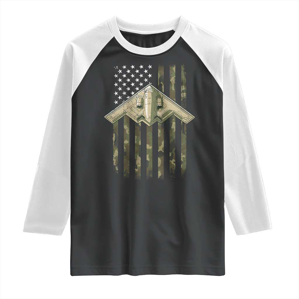 Retro Camo B2 Spirit Raglan Shirt B-2 Bomber Stealth Aircraft Camouflage US Flag Patriotic TS10 Black White Print Your Wear