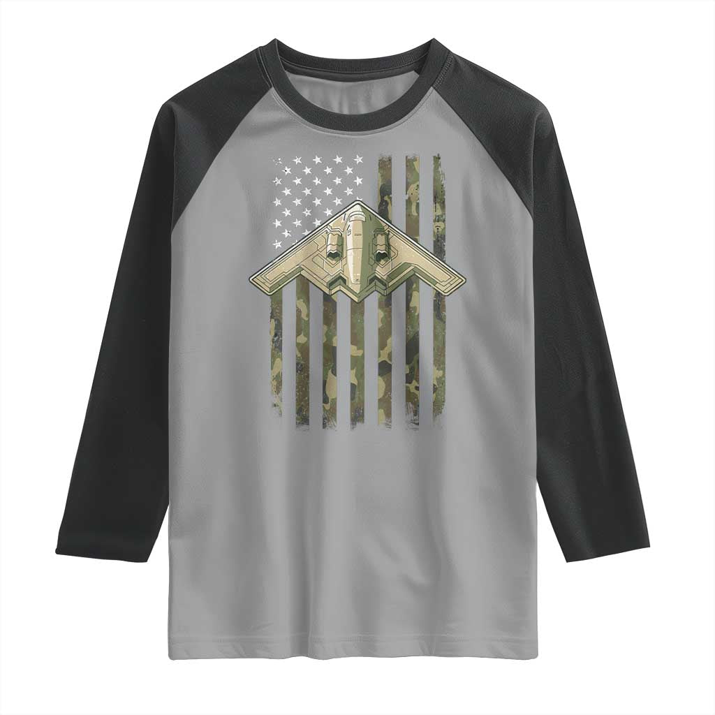 Retro Camo B2 Spirit Raglan Shirt B-2 Bomber Stealth Aircraft Camouflage US Flag Patriotic TS10 Sport Gray Black Print Your Wear
