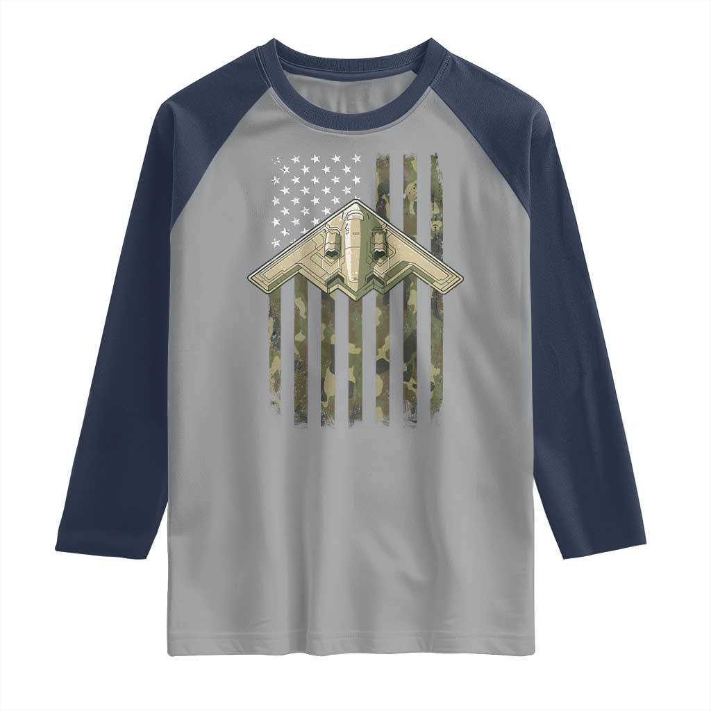 Retro Camo B2 Spirit Raglan Shirt B-2 Bomber Stealth Aircraft Camouflage US Flag Patriotic TS10 Sport Gray Navy Print Your Wear