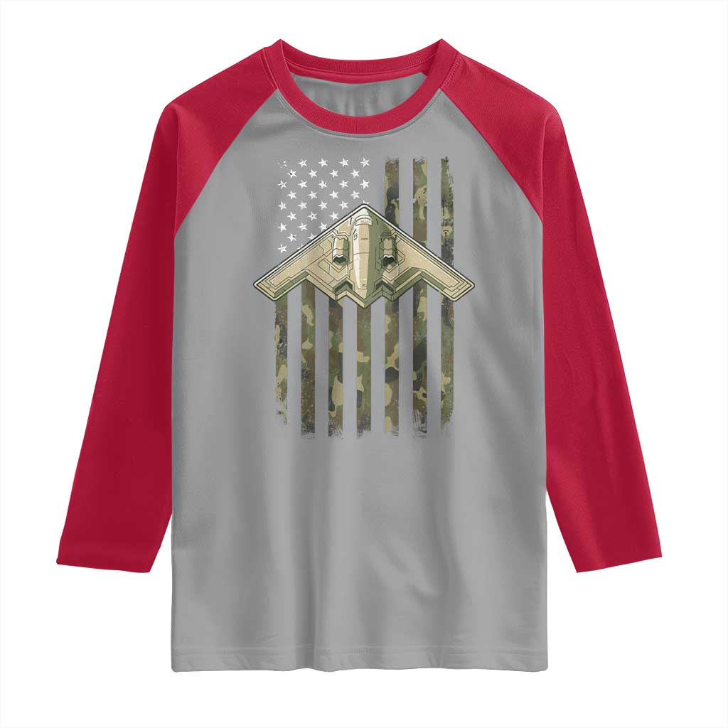 Retro Camo B2 Spirit Raglan Shirt B-2 Bomber Stealth Aircraft Camouflage US Flag Patriotic TS10 Sport Gray Red Print Your Wear