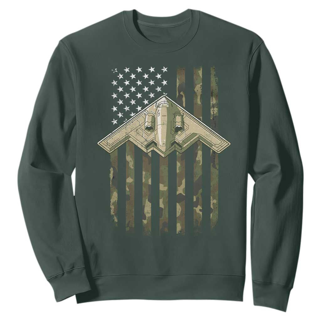Retro Camo B2 Spirit Sweatshirt B-2 Bomber Stealth Aircraft Camouflage US Flag Patriotic TS10 Dark Forest Green Print Your Wear