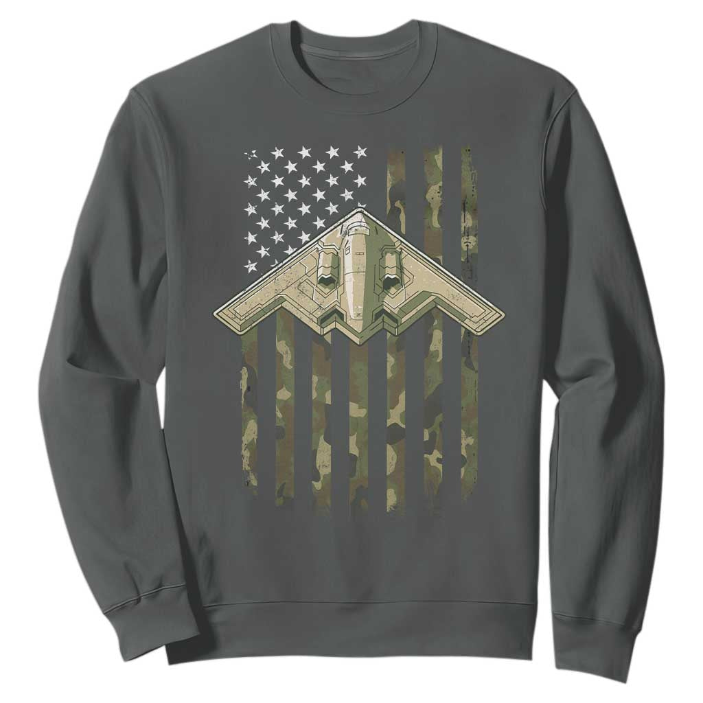 Retro Camo B2 Spirit Sweatshirt B-2 Bomber Stealth Aircraft Camouflage US Flag Patriotic TS10 Dark Heather Print Your Wear