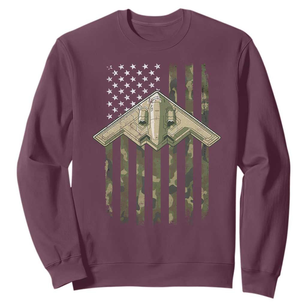 Retro Camo B2 Spirit Sweatshirt B-2 Bomber Stealth Aircraft Camouflage US Flag Patriotic TS10 Maroon Print Your Wear