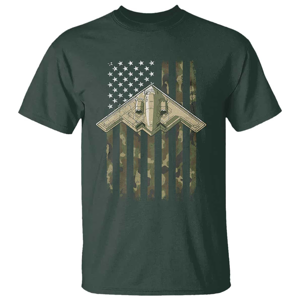 Retro Camo B2 Spirit T Shirt B-2 Bomber Stealth Aircraft Camouflage US Flag Patriotic TS10 Dark Forest Green Print Your Wear