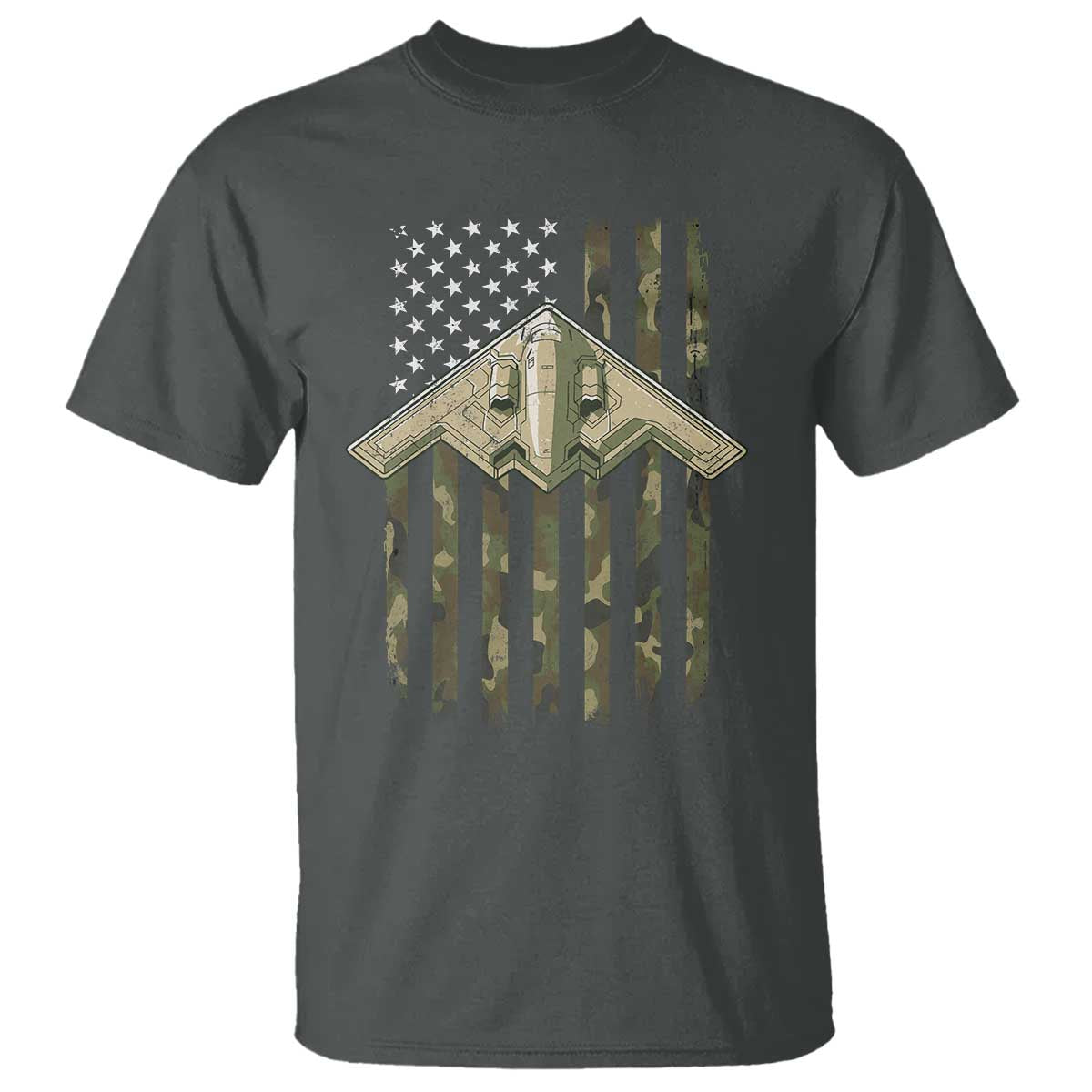 Retro Camo B2 Spirit T Shirt B-2 Bomber Stealth Aircraft Camouflage US Flag Patriotic TS10 Dark Heather Print Your Wear