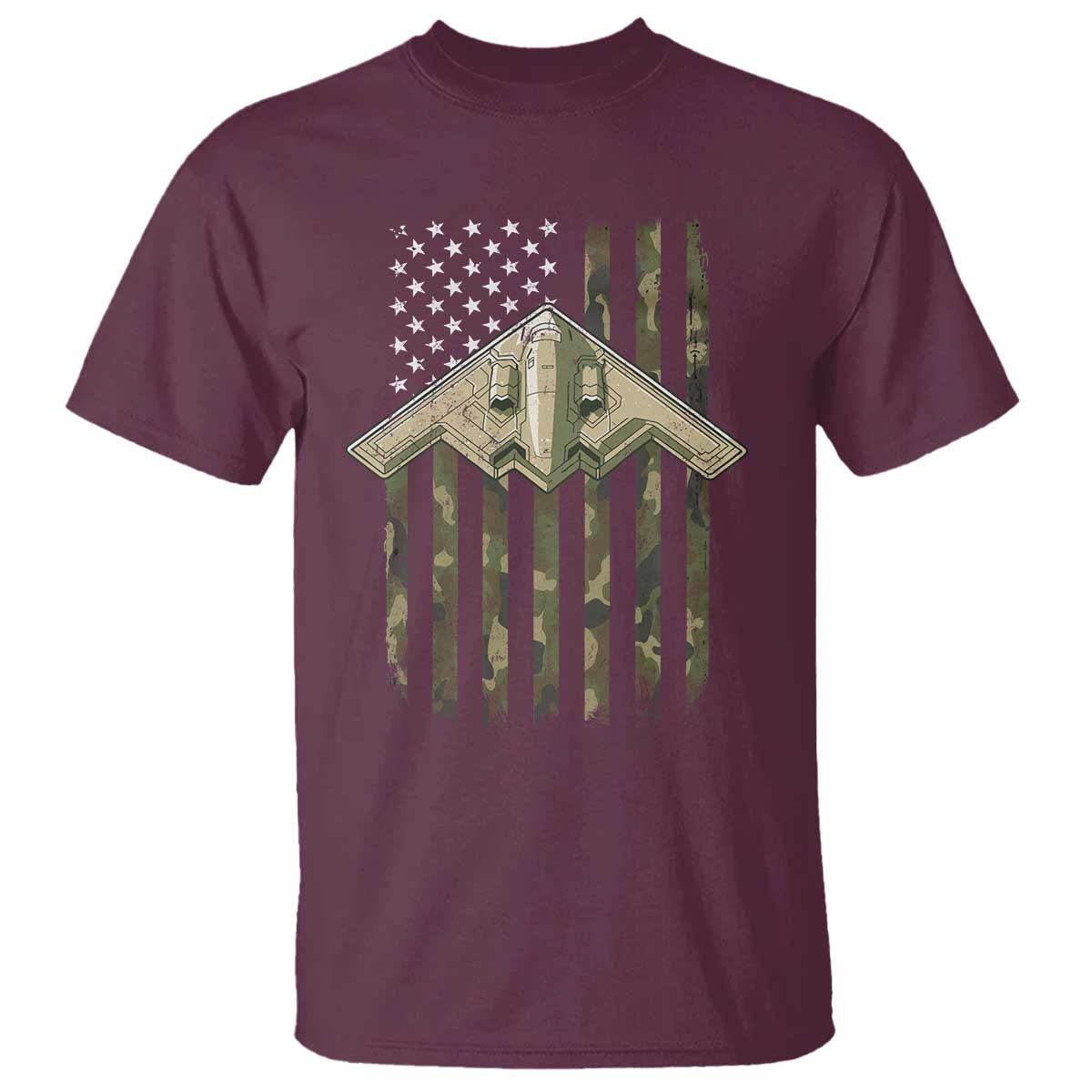 Retro Camo B2 Spirit T Shirt B-2 Bomber Stealth Aircraft Camouflage US Flag Patriotic TS10 Maroon Print Your Wear