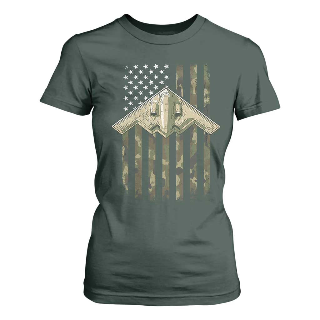 Retro Camo B2 Spirit T Shirt For Women B-2 Bomber Stealth Aircraft Camouflage US Flag Patriotic TS10 Dark Forest Green Print Your Wear