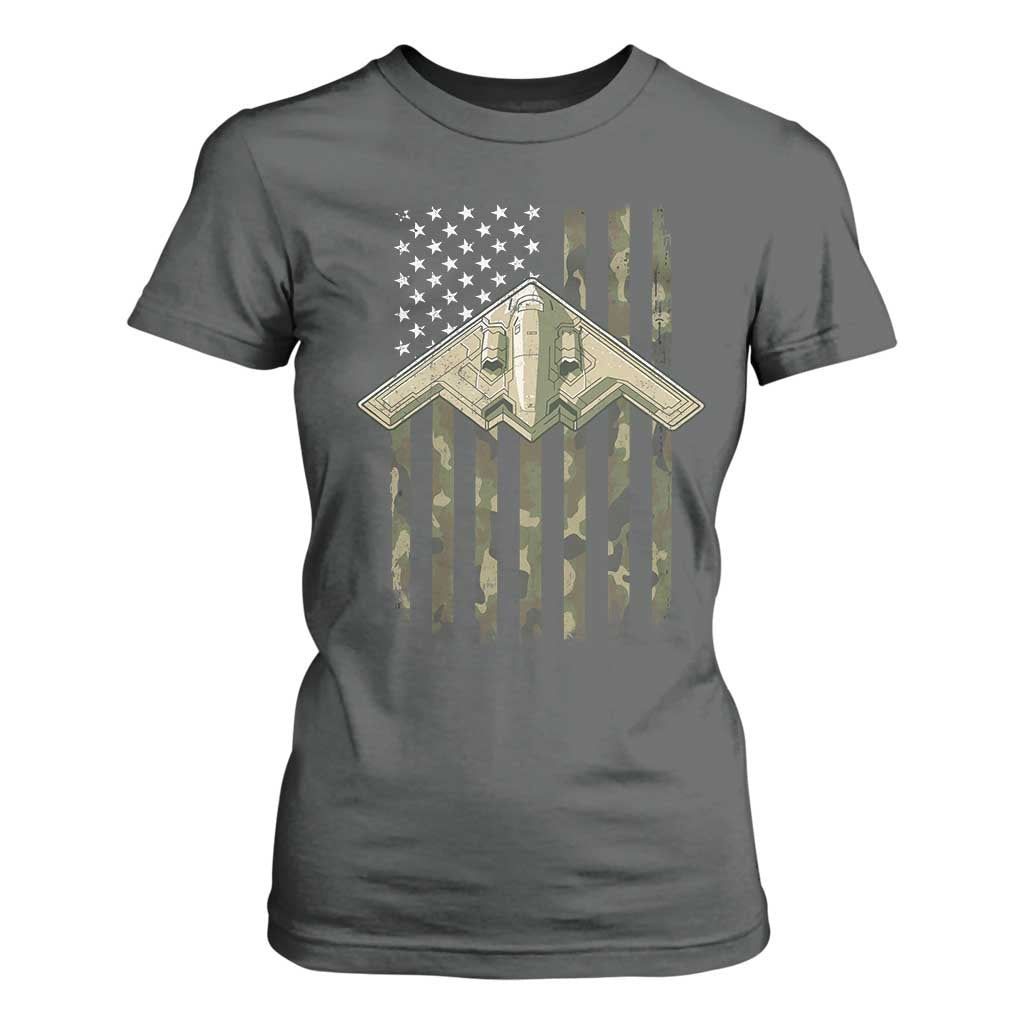 Retro Camo B2 Spirit T Shirt For Women B-2 Bomber Stealth Aircraft Camouflage US Flag Patriotic TS10 Dark Heather Print Your Wear