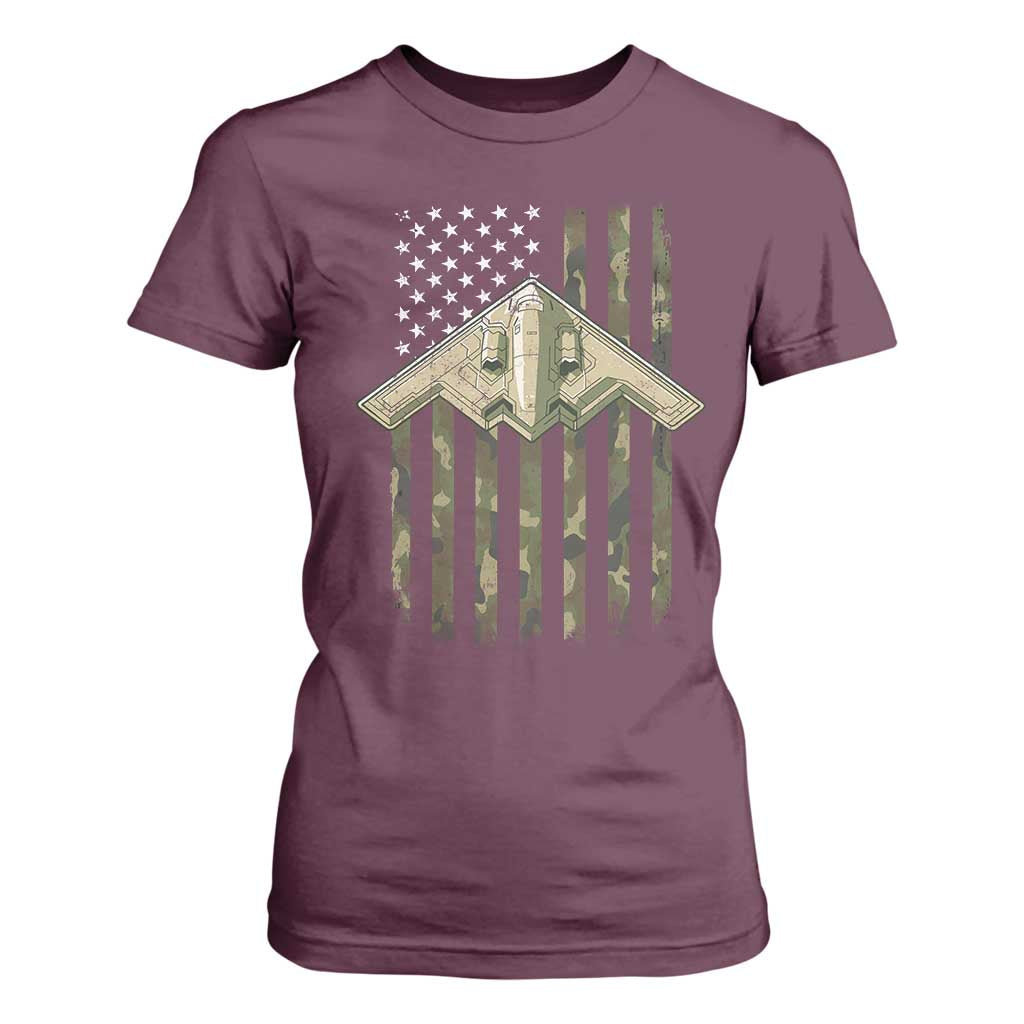 Retro Camo B2 Spirit T Shirt For Women B-2 Bomber Stealth Aircraft Camouflage US Flag Patriotic TS10 Maroon Print Your Wear