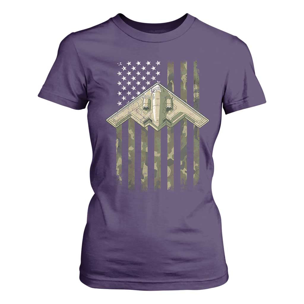 Retro Camo B2 Spirit T Shirt For Women B-2 Bomber Stealth Aircraft Camouflage US Flag Patriotic TS10 Purple Print Your Wear