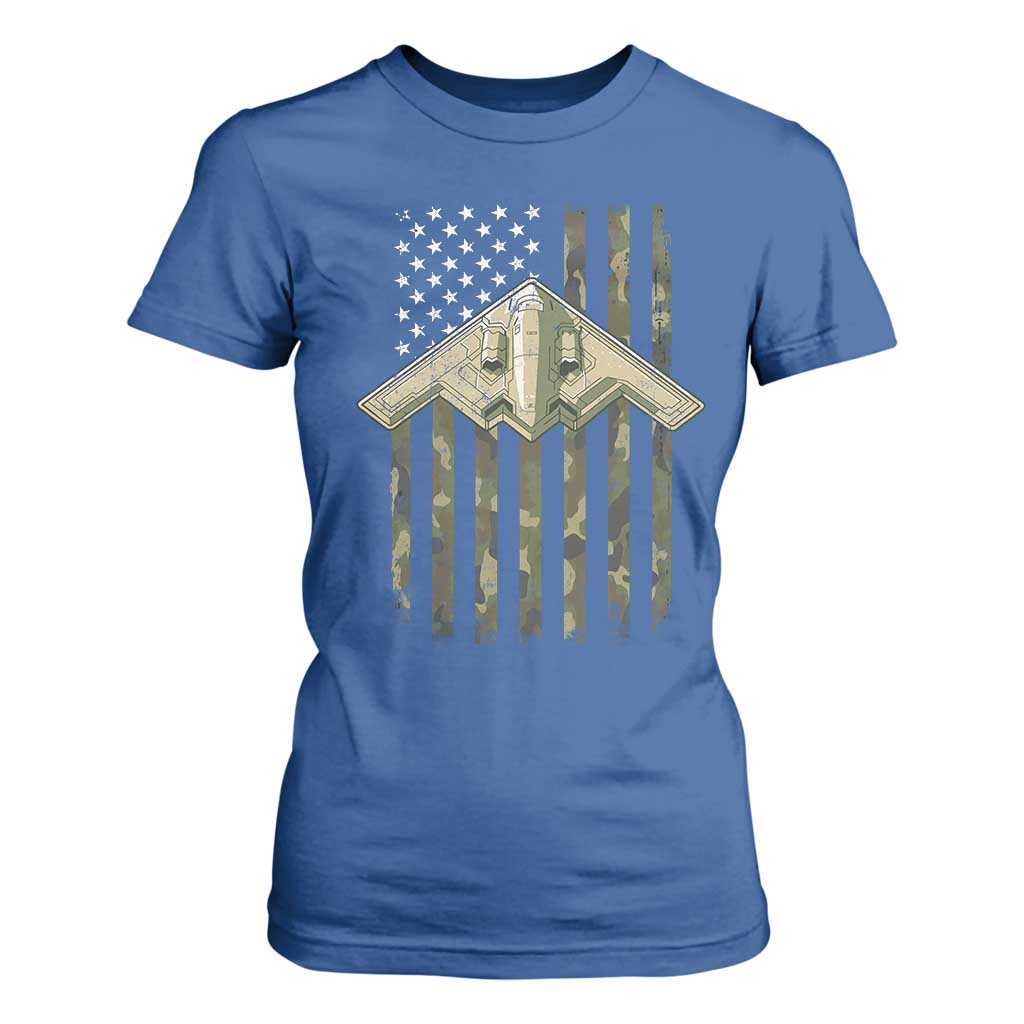 Retro Camo B2 Spirit T Shirt For Women B-2 Bomber Stealth Aircraft Camouflage US Flag Patriotic TS10 Royal Blue Print Your Wear