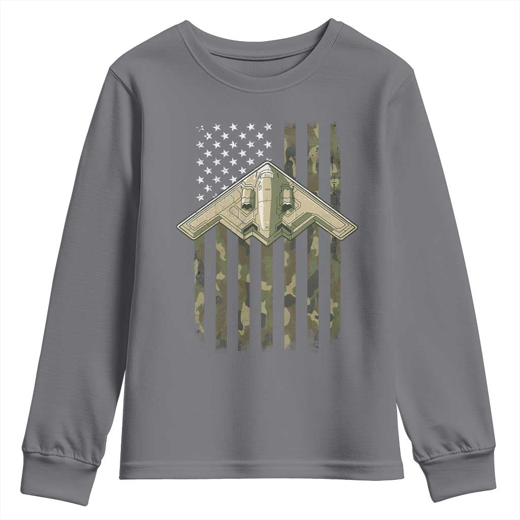 Retro Camo B2 Spirit Youth Sweatshirt B-2 Bomber Stealth Aircraft Camouflage US Flag Patriotic TS10 Charcoal Print Your Wear