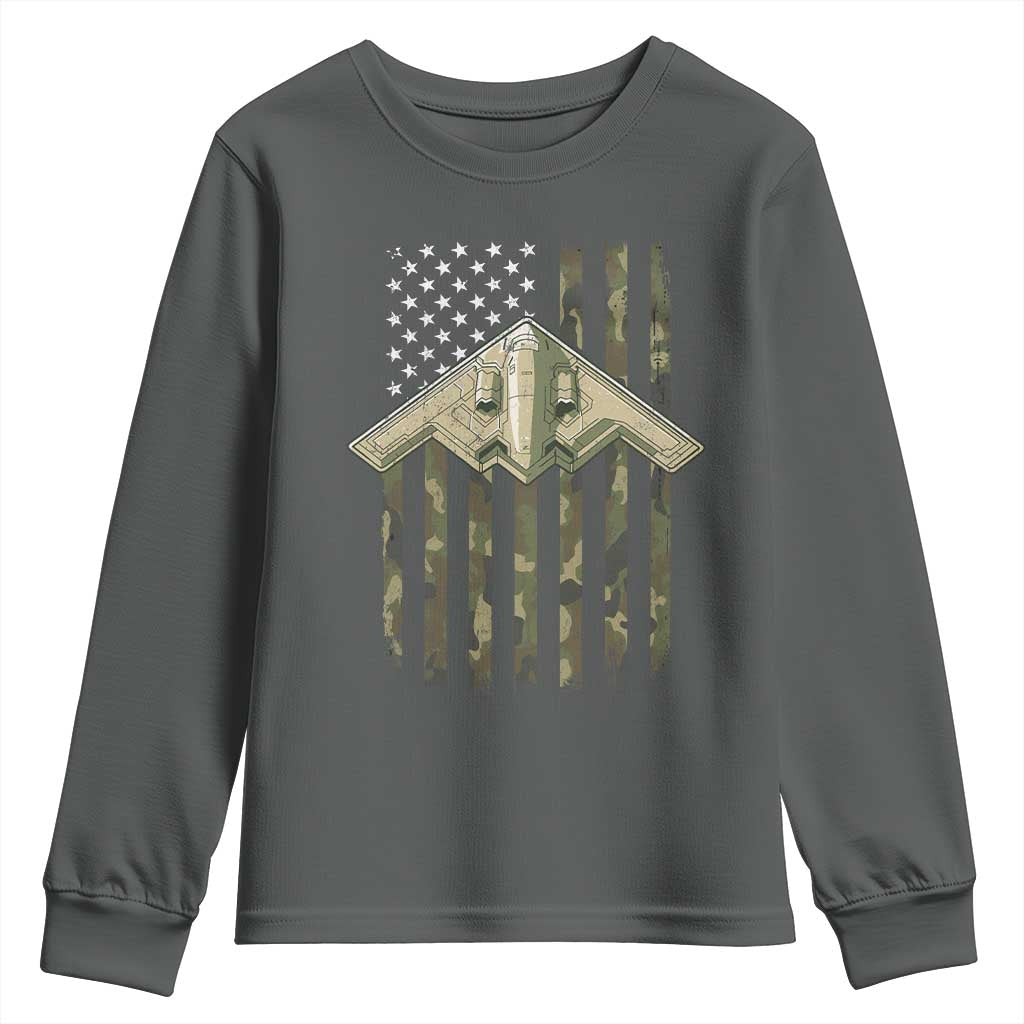 Retro Camo B2 Spirit Youth Sweatshirt B-2 Bomber Stealth Aircraft Camouflage US Flag Patriotic TS10 Dark Heather Print Your Wear
