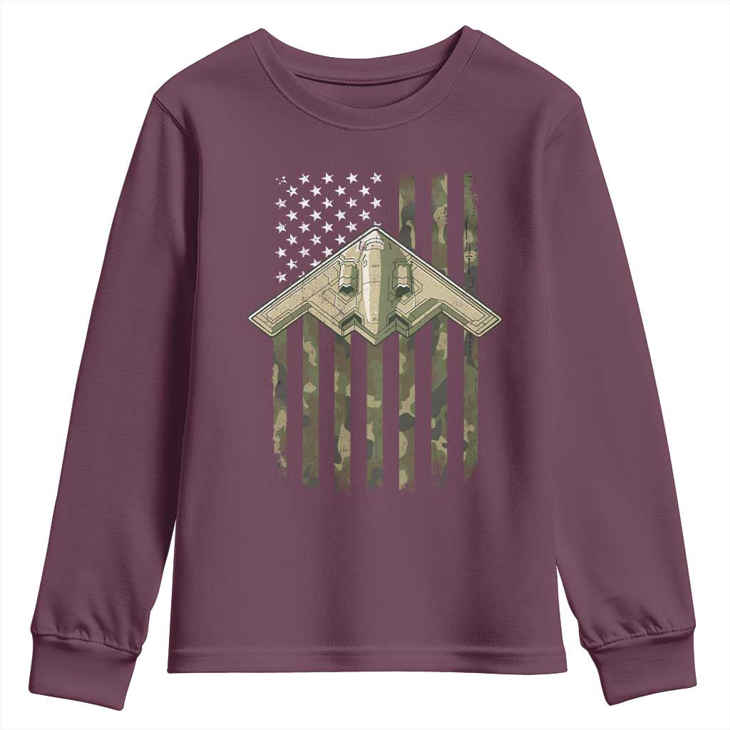 Retro Camo B2 Spirit Youth Sweatshirt B-2 Bomber Stealth Aircraft Camouflage US Flag Patriotic TS10 Maroon Print Your Wear