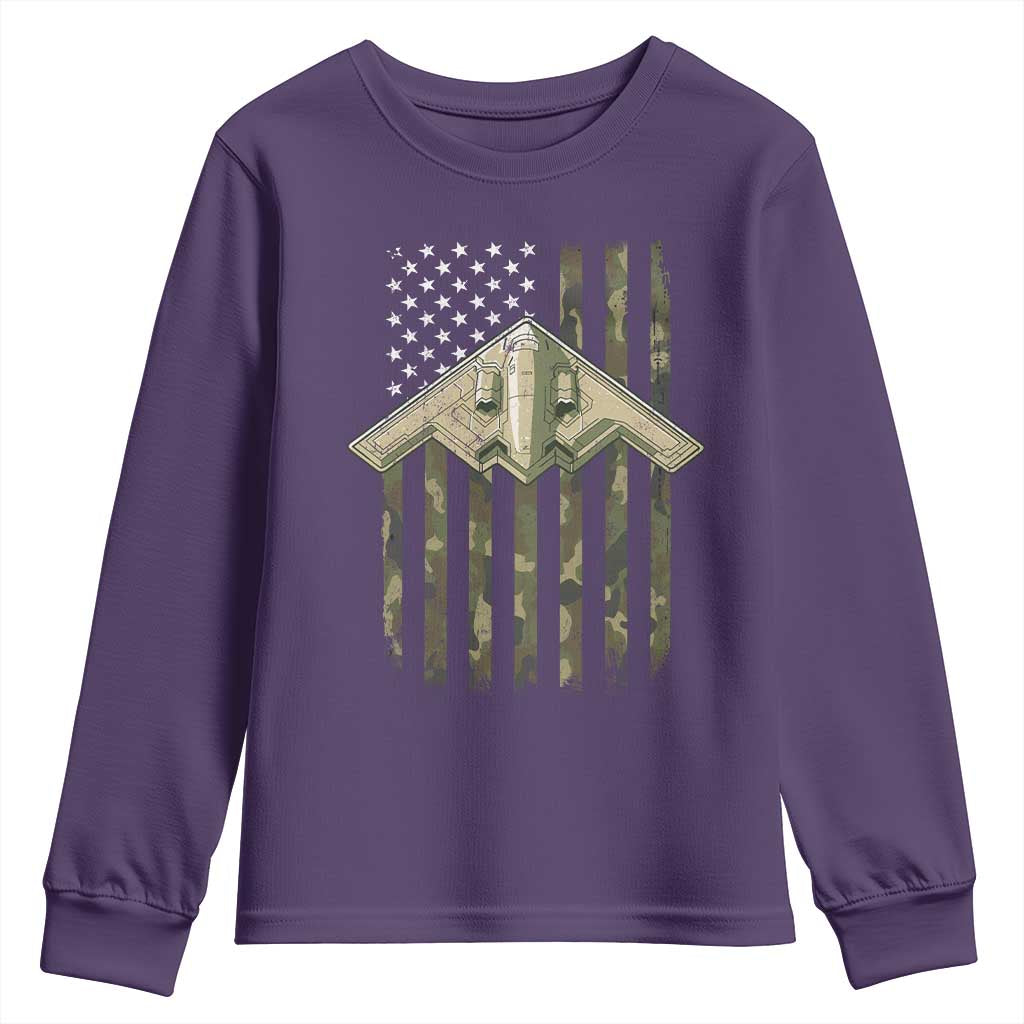 Retro Camo B2 Spirit Youth Sweatshirt B-2 Bomber Stealth Aircraft Camouflage US Flag Patriotic TS10 Purple Print Your Wear
