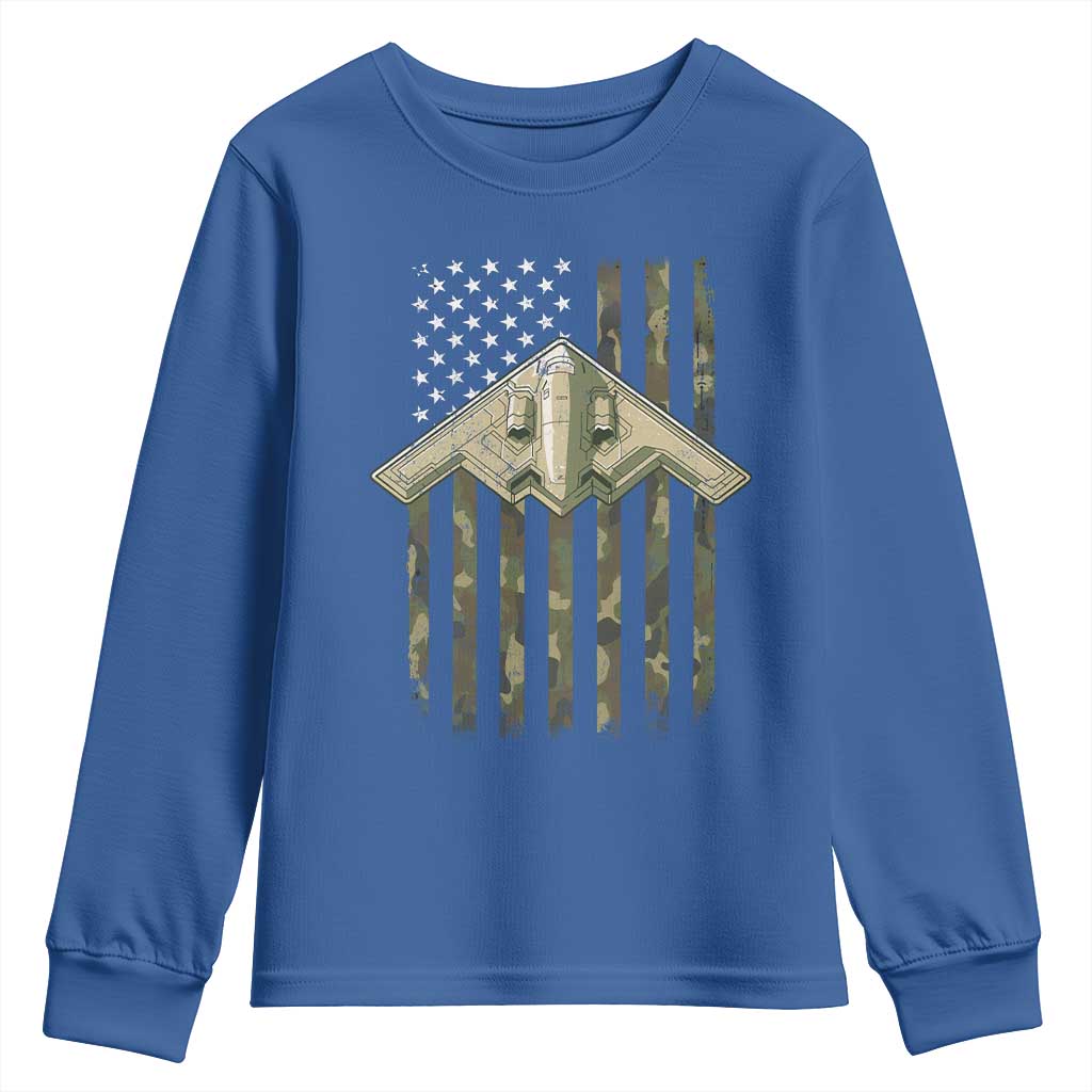 Retro Camo B2 Spirit Youth Sweatshirt B-2 Bomber Stealth Aircraft Camouflage US Flag Patriotic TS10 Royal Blue Print Your Wear