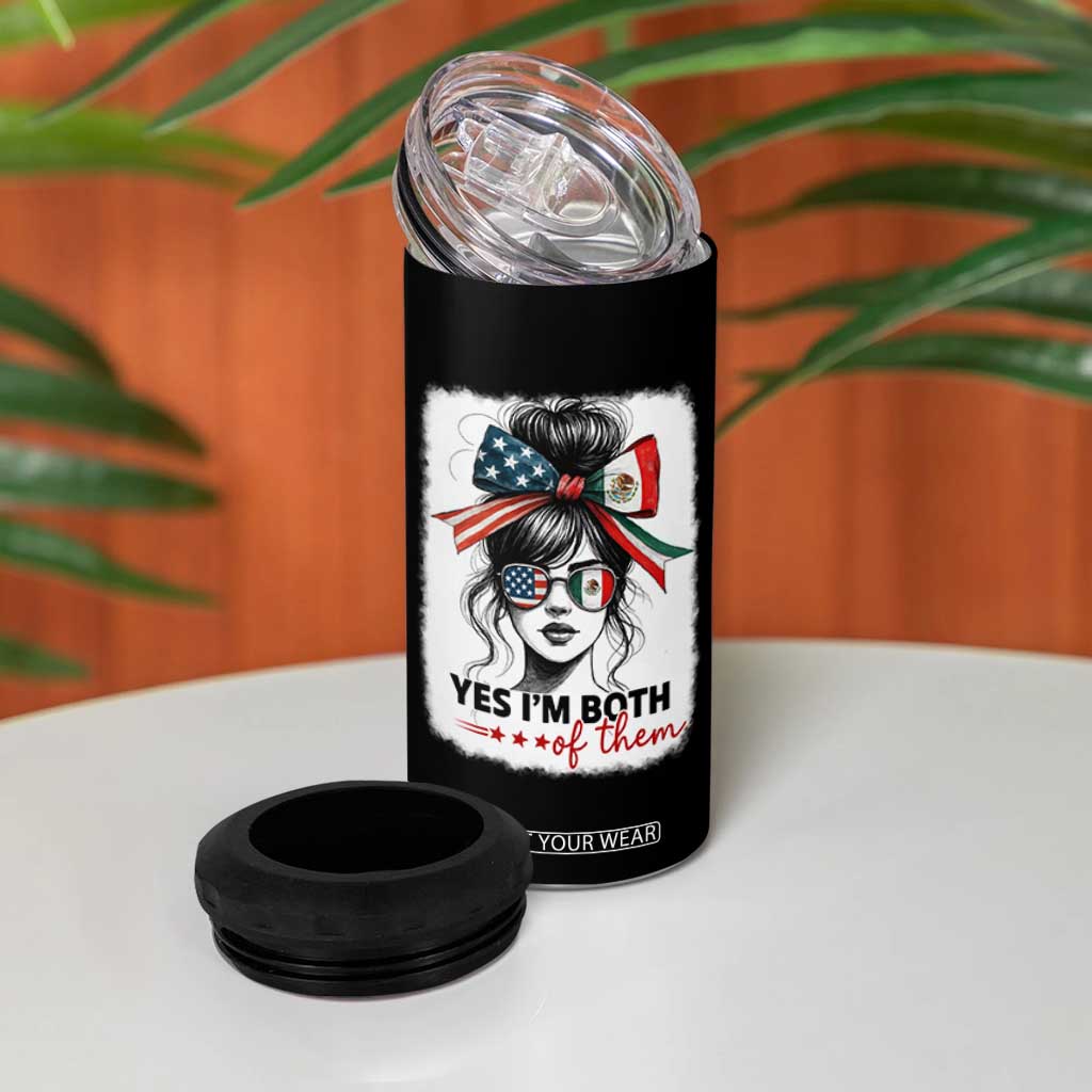 American Mexican Roots 4 in 1 Can Cooler Tumbler Messy Bun Mexico America Half American Flag TS10 Print Your Wear