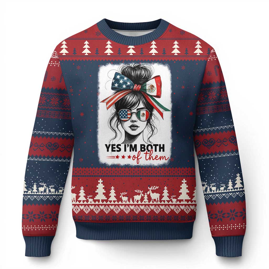 American Mexican Roots Ugly Christmas Sweater Messy Bun Mexico America Half American Flag TS10 Navy Red Print Your Wear
