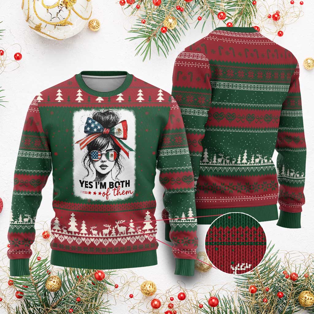 American Mexican Roots Ugly Christmas Sweater Messy Bun Mexico America Half American Flag TS10 Red Green Print Your Wear