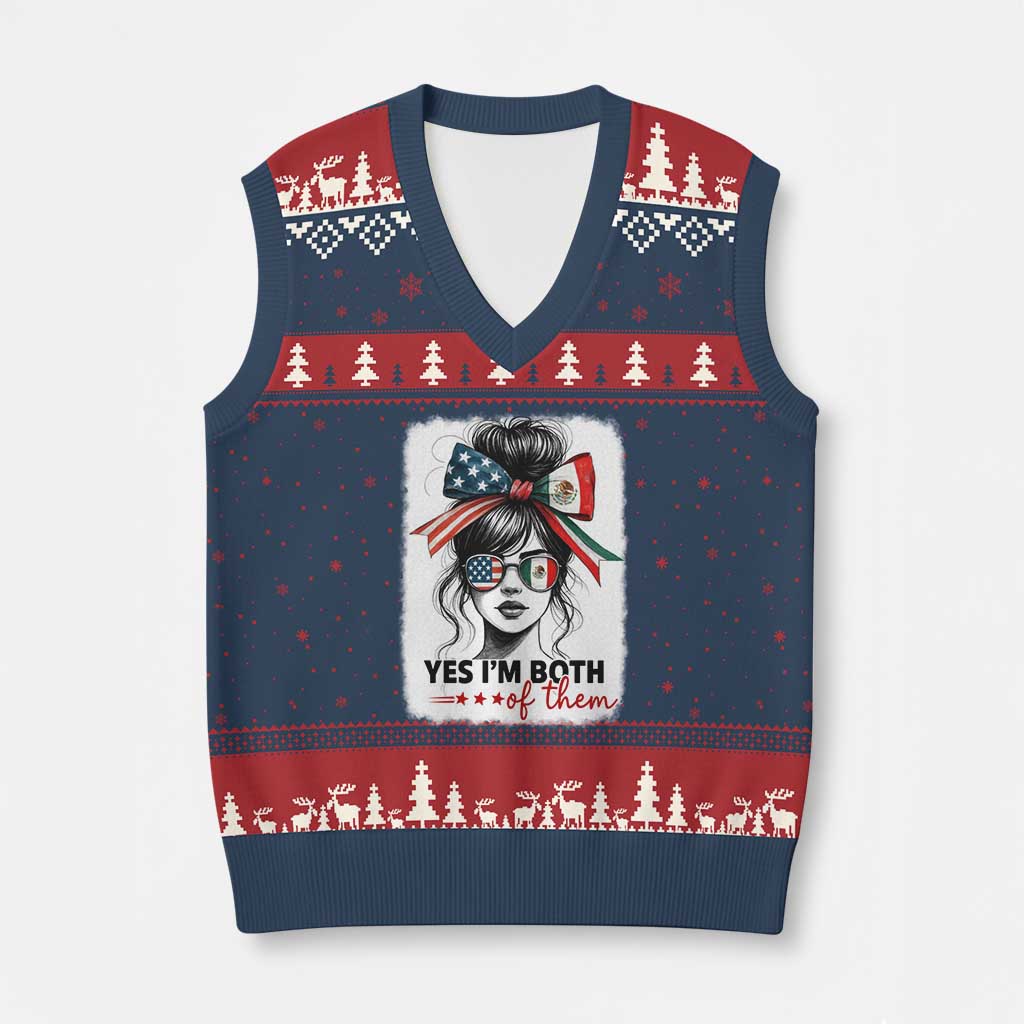 American Mexican Roots V-Neck Knit Sweater Vest Messy Bun Mexico America Half American Flag TS10 Navy Red Print Your Wear