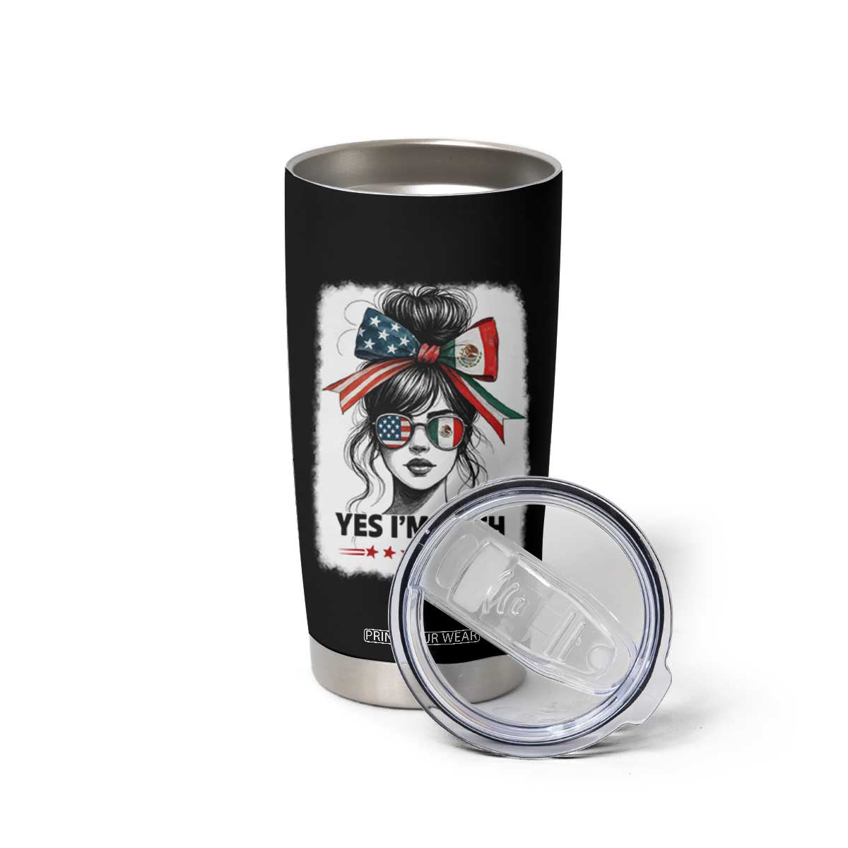 American Mexican Roots Tumbler Cup Messy Bun Mexico America Half American Flag TS10 Print Your Wear