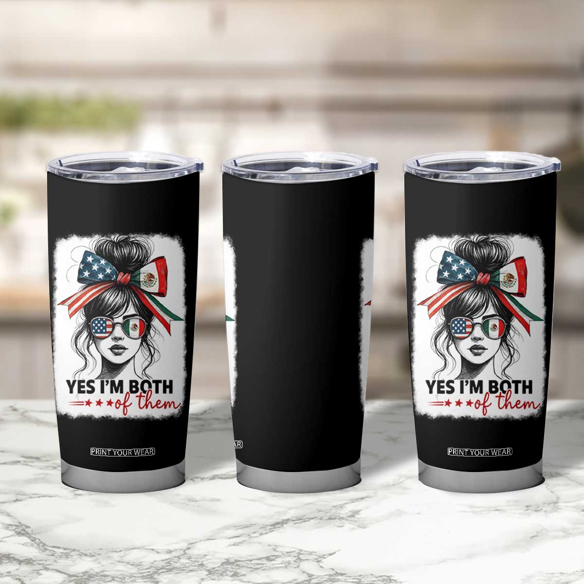 American Mexican Roots Tumbler Cup Messy Bun Mexico America Half American Flag TS10 Print Your Wear