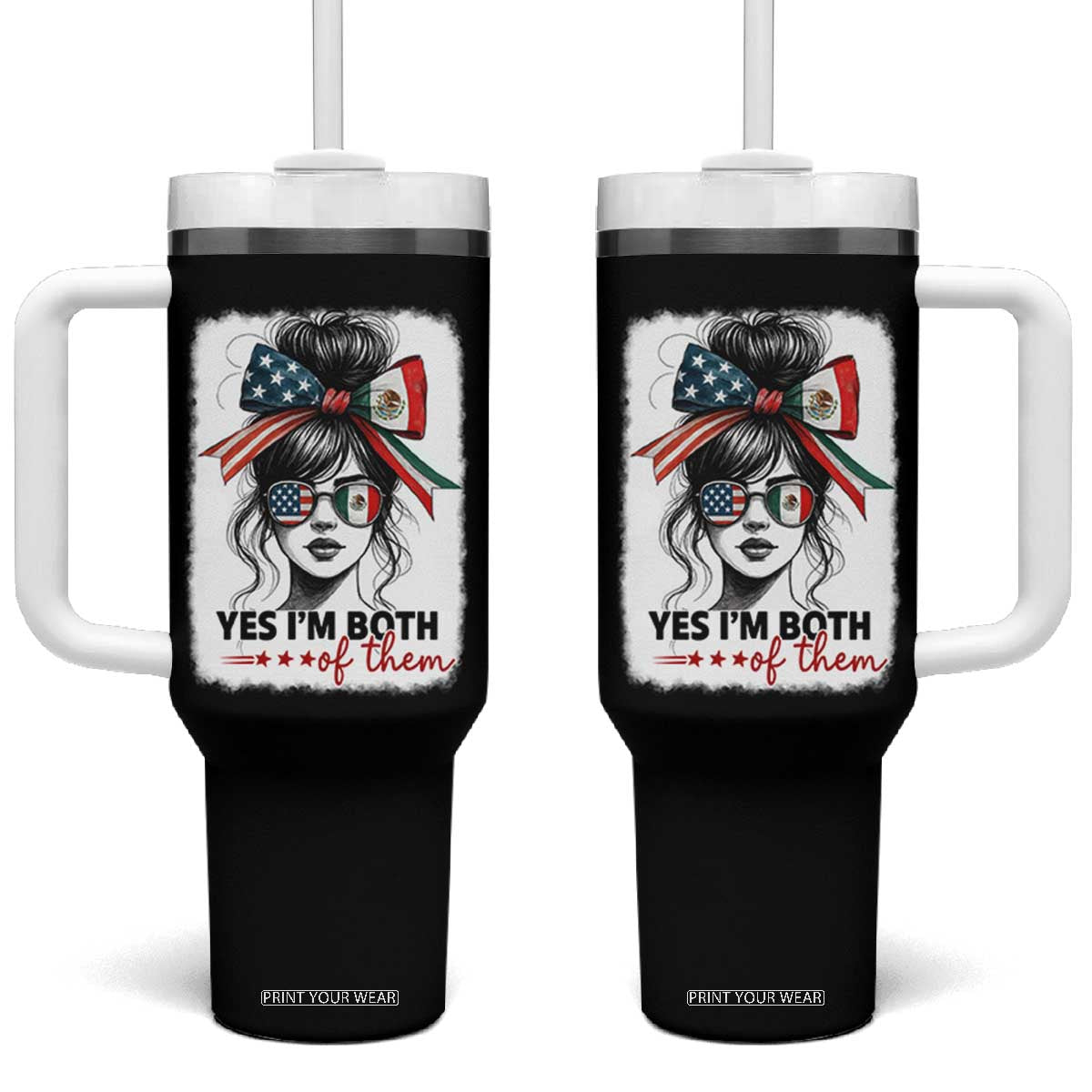 American Mexican Roots Tumbler With Handle Messy Bun Mexico America Half American Flag TS10 One Size: 40 oz Black Print Your Wear