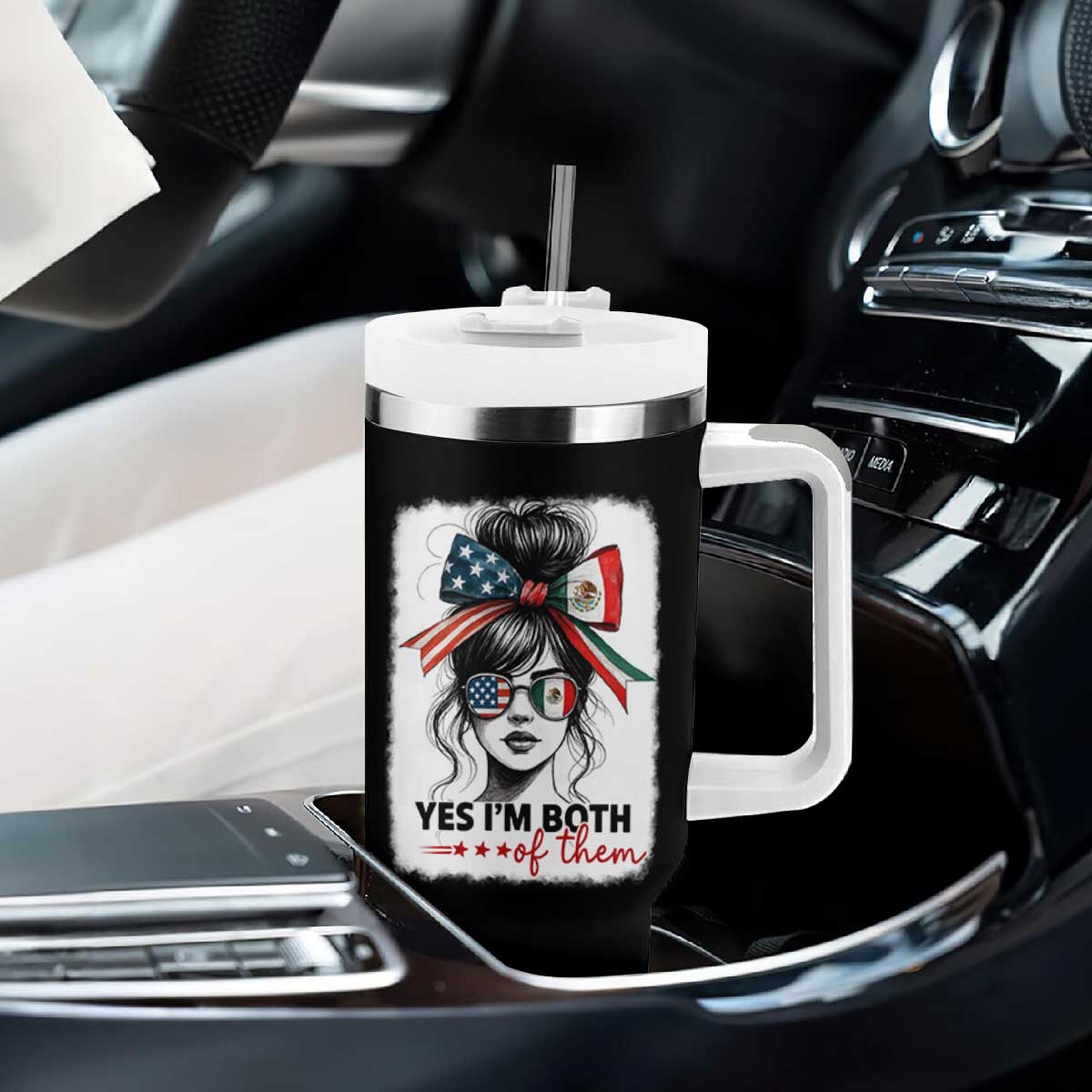 American Mexican Roots Tumbler With Handle Messy Bun Mexico America Half American Flag TS10 Print Your Wear