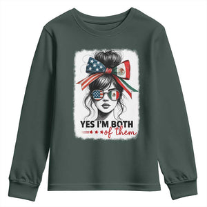 American Mexican Roots Youth Sweatshirt Messy Bun Mexico America Half American Flag TS10 Dark Forest Green Print Your Wear