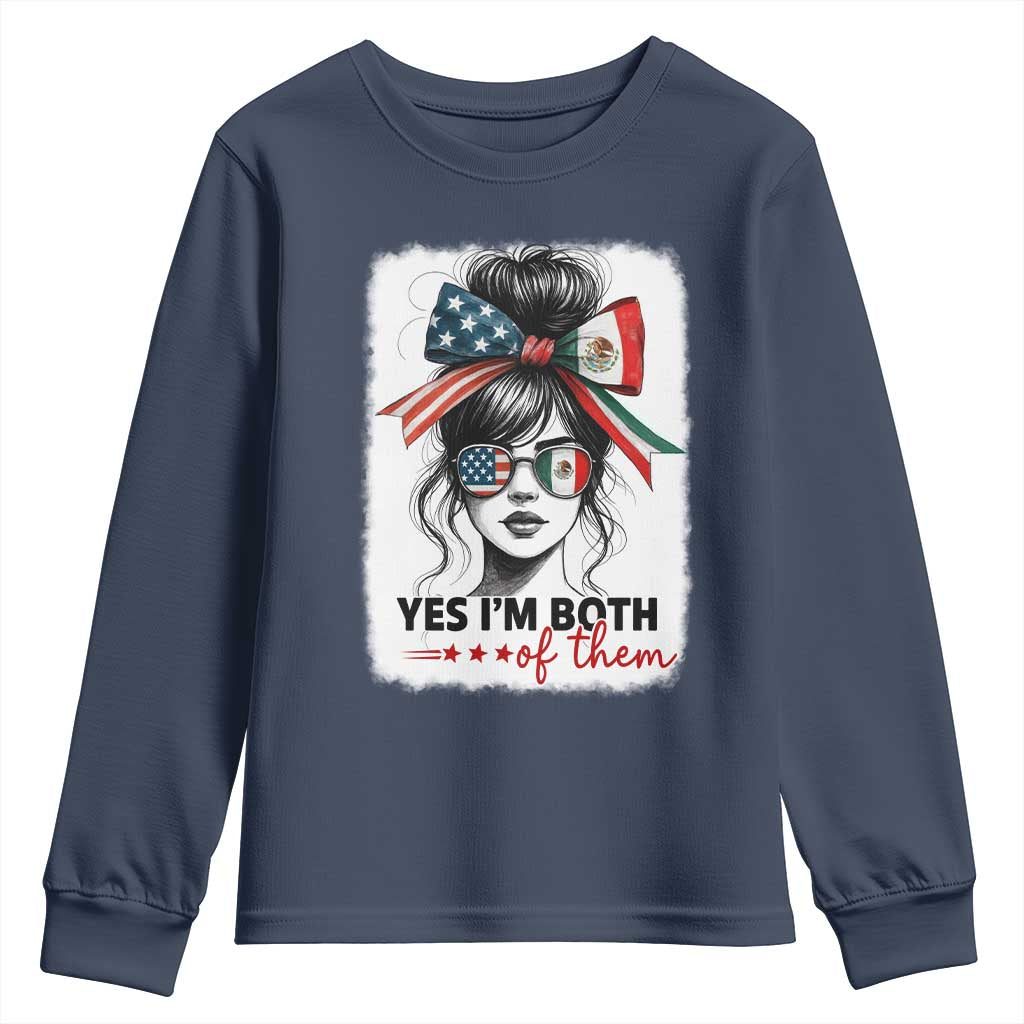 American Mexican Roots Youth Sweatshirt Messy Bun Mexico America Half American Flag TS10 Navy Print Your Wear