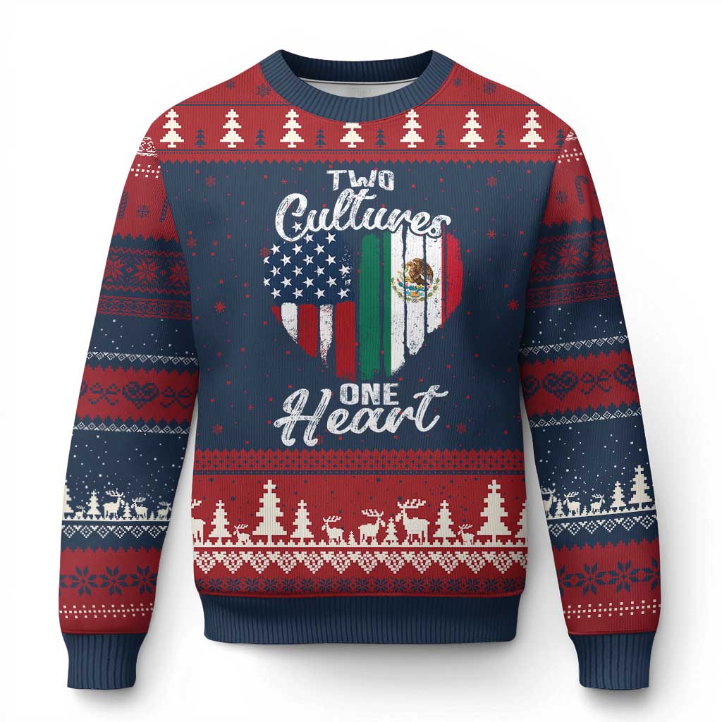 Mexican Roots Ugly Christmas Sweater Mexican American Flag Two Cultures One Heart TS10 Navy Red Print Your Wear