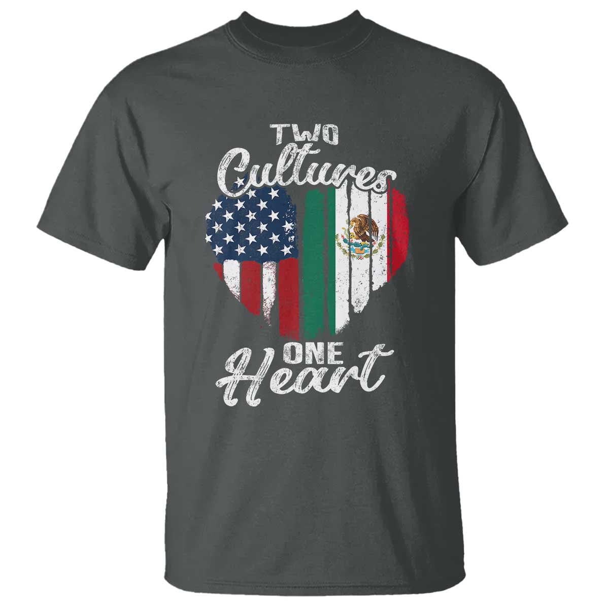 Mexican Roots T Shirt Mexican American Flag Two Cultures One Heart TS10 Dark Heather Print Your Wear