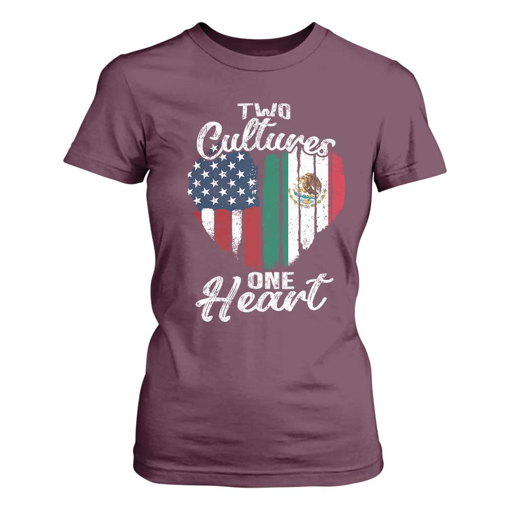 Mexican Roots T Shirt For Women Mexican American Flag Two Cultures One Heart TS10 Maroon Print Your Wear