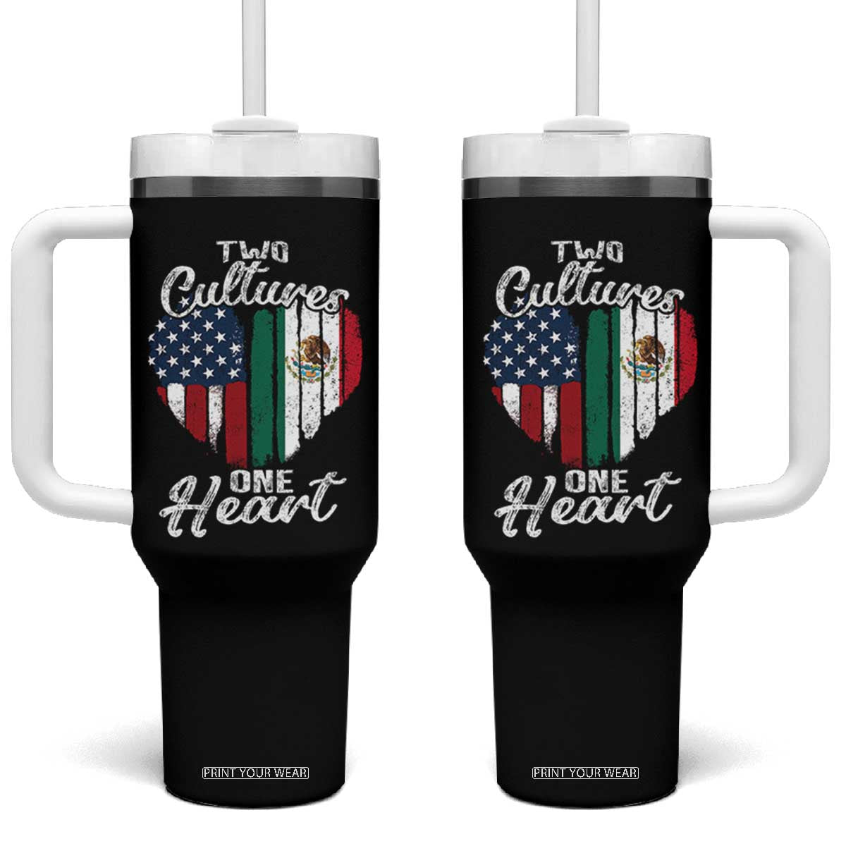 Mexican Roots Tumbler With Handle Mexican American Flag Two Cultures One Heart TS10 One Size: 40 oz Black Print Your Wear