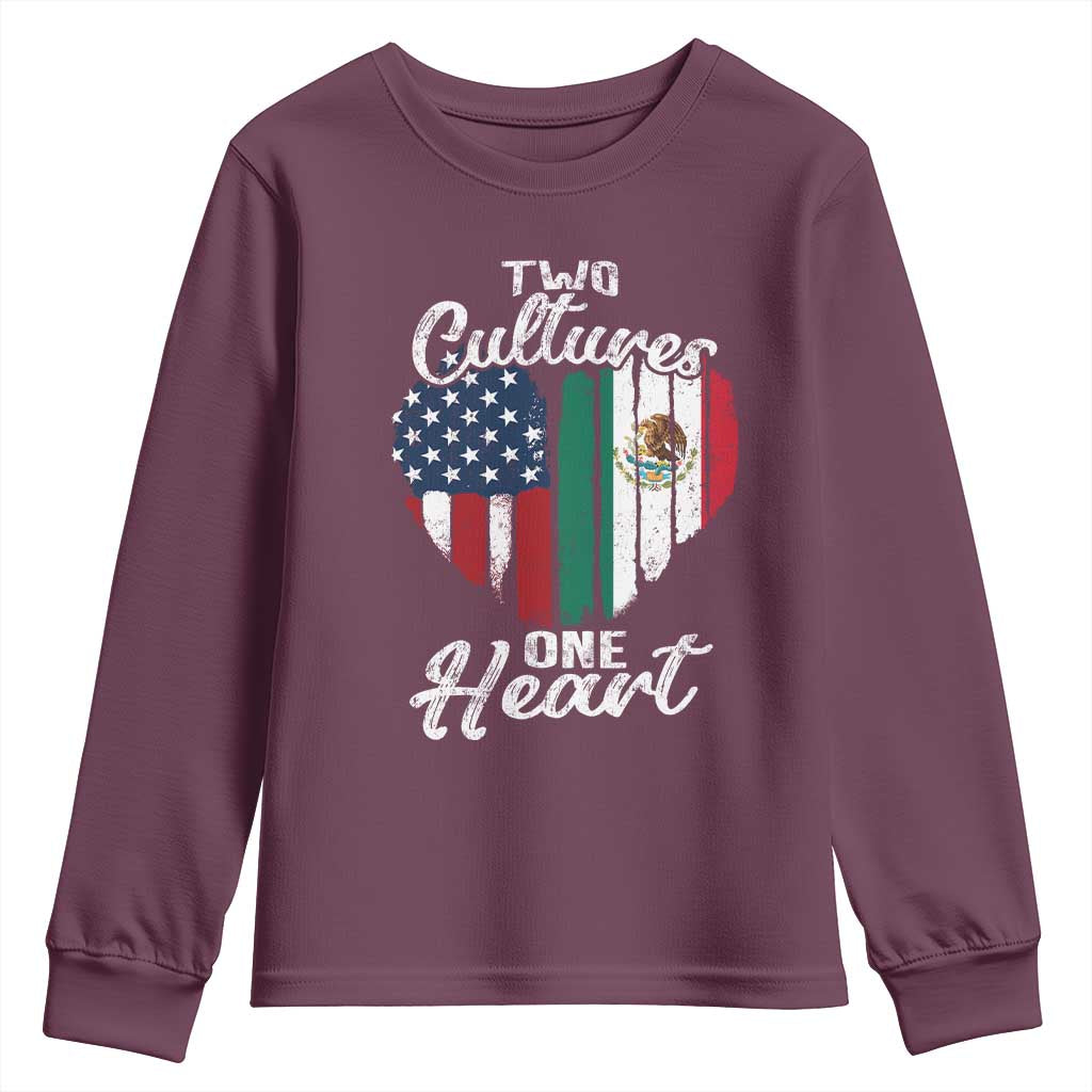 Mexican Roots Youth Sweatshirt Mexican American Flag Two Cultures One Heart TS10 Maroon Print Your Wear