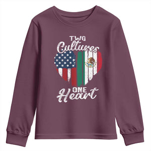 Mexican Roots Youth Sweatshirt Mexican American Flag Two Cultures One Heart TS10 Maroon Print Your Wear