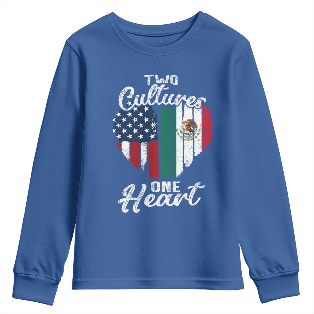 Mexican Roots Youth Sweatshirt Mexican American Flag Two Cultures One Heart TS10 Royal Blue Print Your Wear