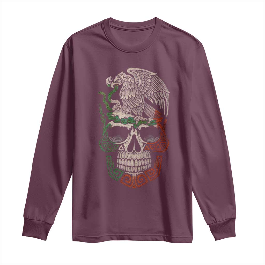 Mexico Coat of Arms Skull Long Sleeve Shirt Eagle Mexican Flag Mexico Heritage Roots TS10 Maroon Print Your Wear
