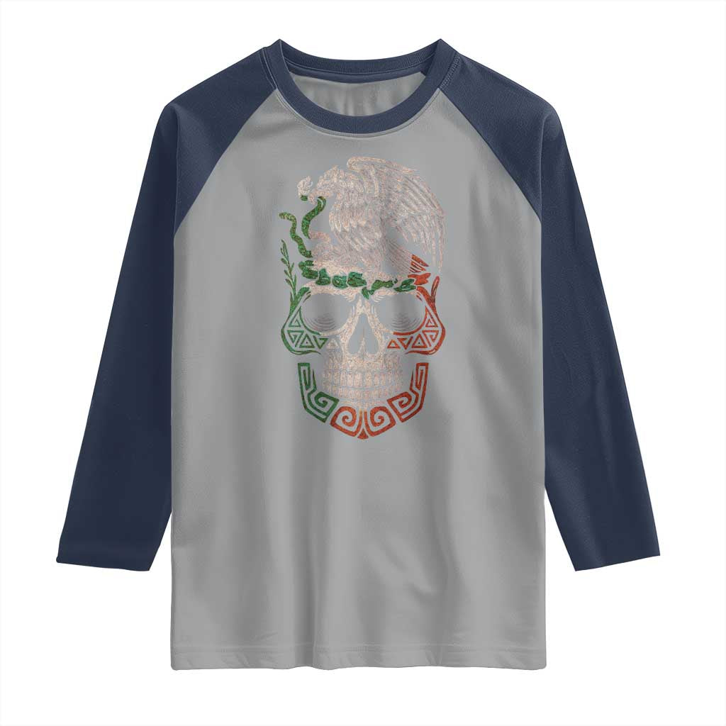 Mexico Coat of Arms Skull Raglan Shirt Eagle Mexican Flag Mexico Heritage Roots TS10 Sport Gray Navy Print Your Wear