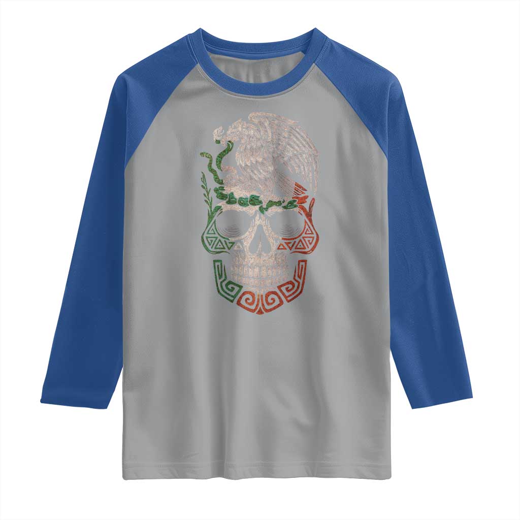 Mexico Coat of Arms Skull Raglan Shirt Eagle Mexican Flag Mexico Heritage Roots TS10 Sport Gray Royal Print Your Wear