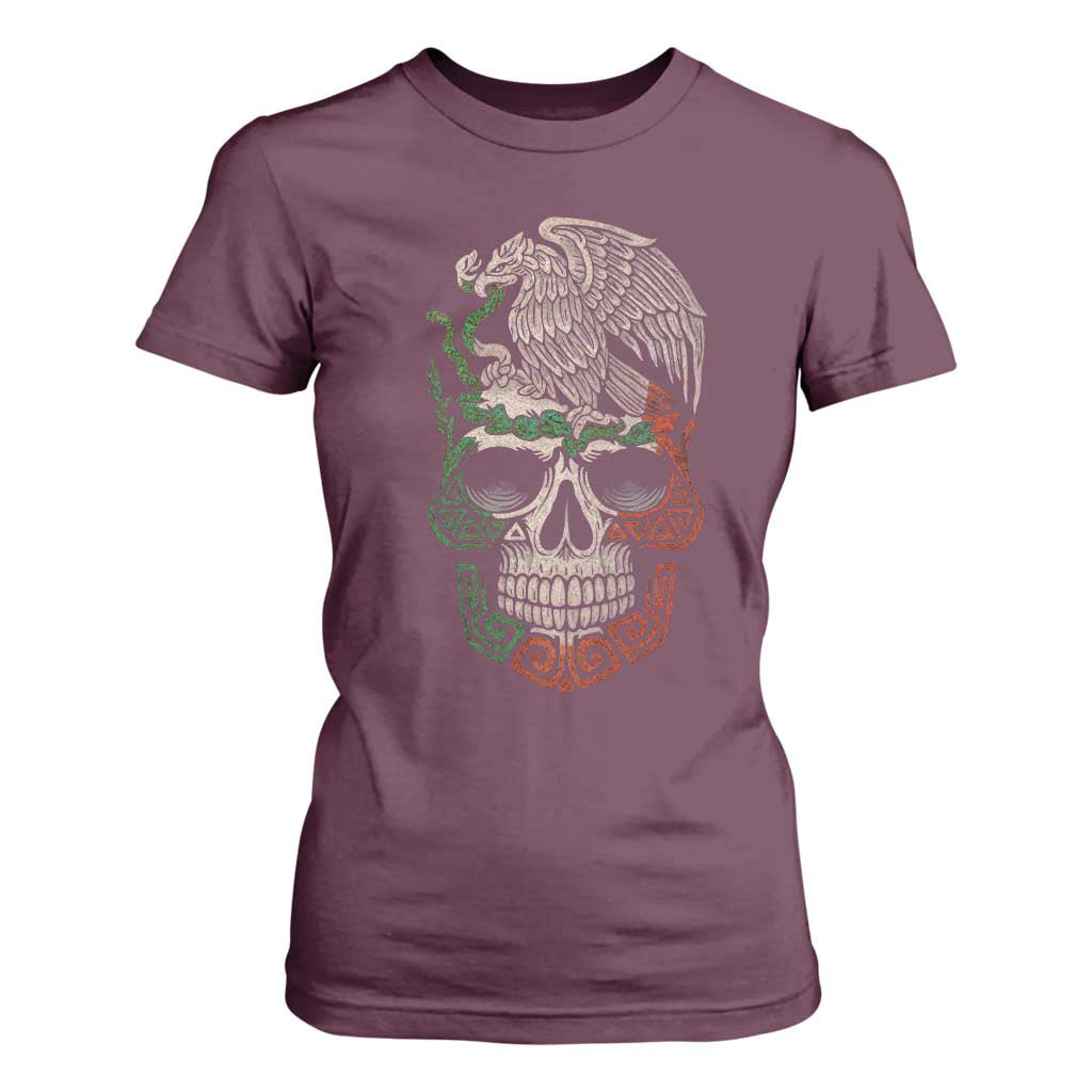 Mexico Coat of Arms Skull T Shirt For Women Eagle Mexican Flag Mexico Heritage Roots TS10 Maroon Print Your Wear